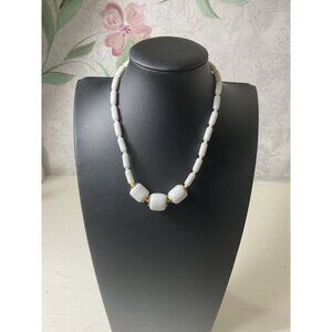 Vintage Style White Beaded Necklace With Gold-Tone Accents